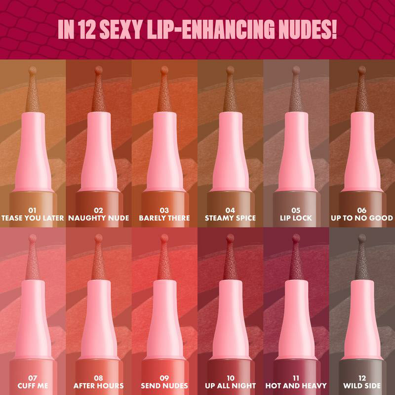 Set of 12 lip glosses with names on a pink and brown gradient background