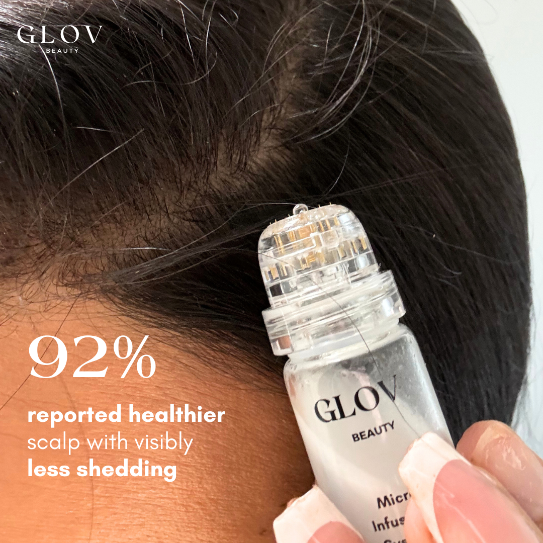 Glov Beauty product being applied to hair with text about scalp health and shedding reduction.