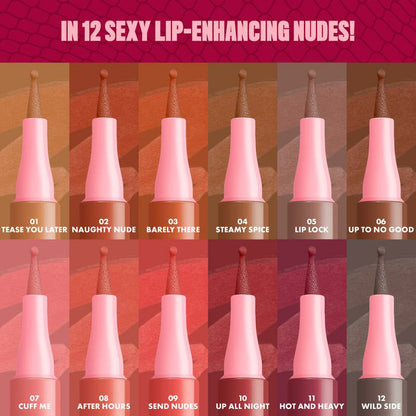 Set of 12 lip glosses with names on a pink and brown gradient background