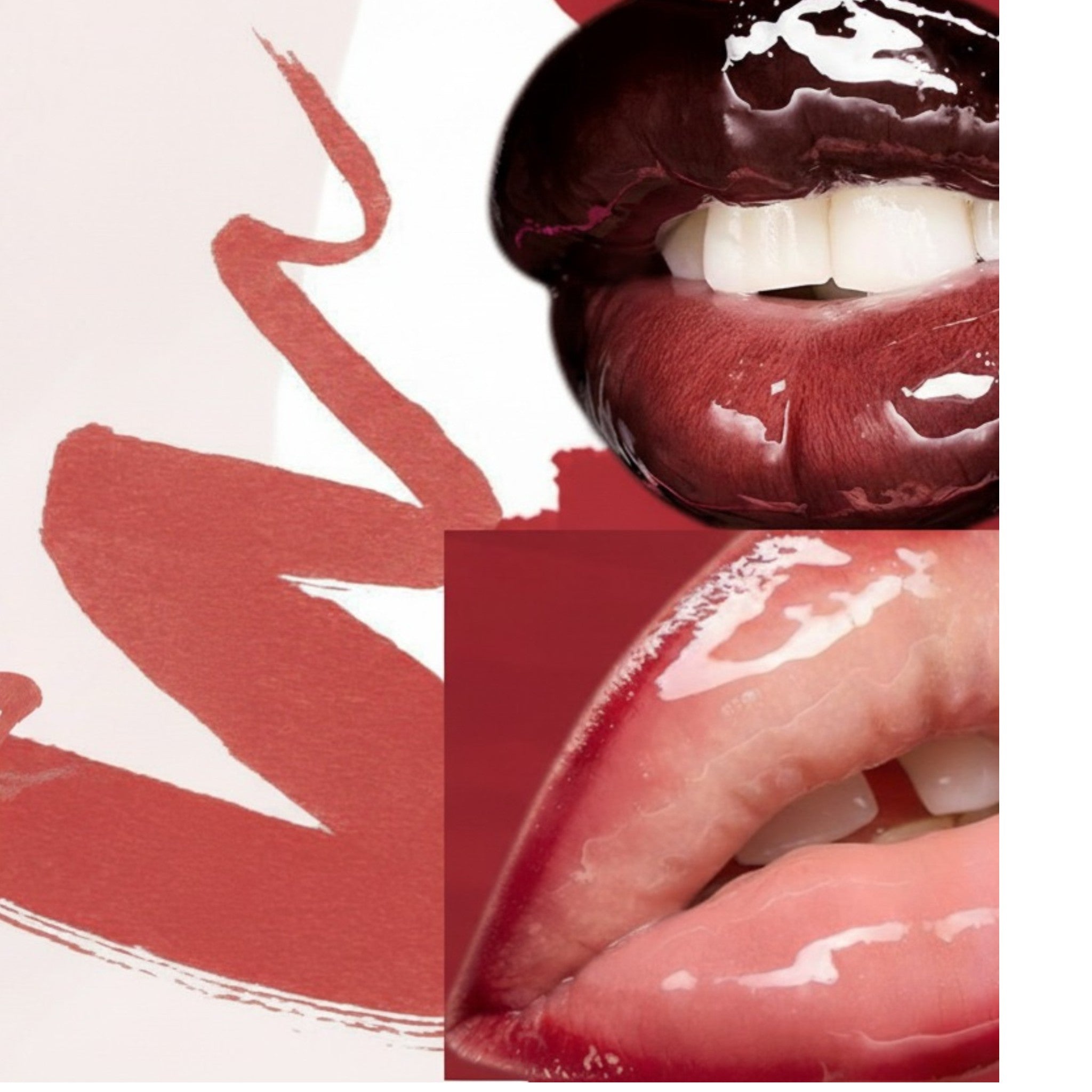Close-up of glossy red lips with a white background