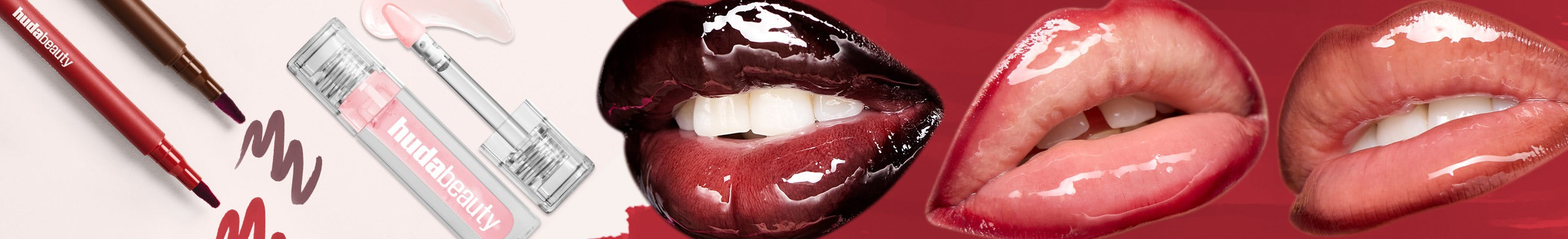 Lipstick with applicator and close-up of lips on a red background