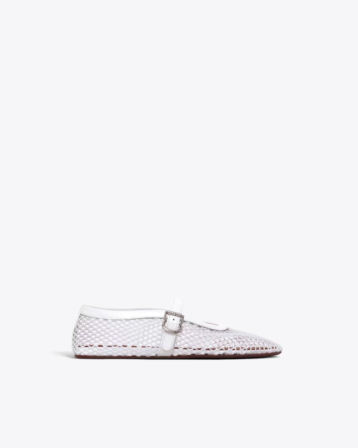 White woven flat shoe with a buckle on a white background